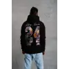 Erkek 3 İplik Pamuklu Kapüşonlu Baskılı Cepli Oversize Sweatshirt Hoodie - Siyah