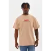 Erkek Baskılı T-Shirt Kısa Kol Bisiklet Yaka Rahat Kalıp Tişört  - Bej