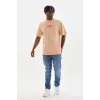 Erkek Baskılı T-Shirt Kısa Kol Bisiklet Yaka Rahat Kalıp Tişört  - Bej