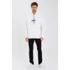 Erkek 3 İplik Pamuklu Kapüşonlu Baskılı Cepli Oversize Sweatshirt Hoodie - Beyaz