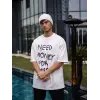 Erkek Kısa Kol Yazlık Tişört Bisiklet Yaka Baskılı Oversize T-Shirt - Beyaz