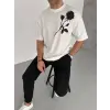 Erkek Kısa Kol Tişört Bisiklet Yaka GÜL Baskılı Oversize T-Shirt - Beyaz