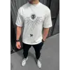 Erkek Kısa Kol Tişört Bisiklet Yaka GÜL Baskılı Oversize T-Shirt - Beyaz