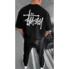 Erkek Kısa Kol Yazlık Tişört Bisiklet Yaka Baskılı Oversize T-Shirt - Siyah