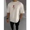 Erkek Kısa Kol Tişört Bisiklet Yaka GÜL Baskılı Oversize T-Shirt - Beyaz