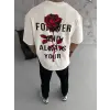 Erkek Kısa Kol Tişört Bisiklet Yaka GÜL Baskılı Oversize T-Shirt - Beyaz