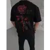 Erkek Bisiklet Yaka Baskılı Oversize  Kısa kol T-Shirt - Siyah