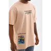 Erkek  Bisiklet Yaka Baskılı Oversize T-Shirt - Bej