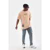 Erkek  Bisiklet Yaka Baskılı Oversize T-Shirt - Bej
