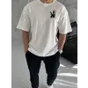 Erkek Kısa Kol Yazlık Tişört Bisiklet Yaka Baskılı Oversize T-Shirt - Beyaz