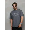 Erkek Kısa Kol Yazlık Tişört Bisiklet Yaka Baskılı Oversize T-Shirt - Füme