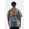 Erkek Tişort  Bisiklet Yaka Baskılı Oversize T-Shirt - Gri