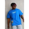 Erkek Bisiklet Yaka Baskılı Oversize T-Shirt - Mavi