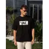 Erkek Kısa Kol Yazlık Tişört Bisiklet Yaka Baskılı Oversize T-Shirt - Siyah
