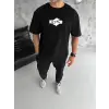 Erkek Kısa Kol Yazlık Tişört Bisiklet Yaka Baskılı Oversize T-Shirt - Siyah