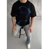Erkek Kısa Kol Yazlık Tişört Bisiklet Yaka Baskılı Oversize T-Shirt - Siyah
