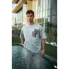 Erkek Kısa Kol Yazlık Tişört Bisiklet Yaka Baskılı Oversize T-Shirt - Boyalı Gri