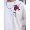 Erkek Kısa Kol Yazlık Tişört Bisiklet Yaka GÜL Baskılı T-Shirt - Beyaz