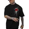Erkek Kısa Kol Yazlık Tişört Bisiklet Yaka GÜL Baskılı T-Shirt - Siyah