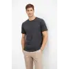 Erkek Bisiklet Yaka Yazlık Kısa kol Düz Tişört Regular Kalıp T-shirt - Füme