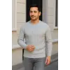 Erkek Bisiklet Yaka Triko Kazak Pamuklu Kalın Fitilli Dokuma Regular Fit - Gri