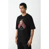 Erkek Boxy Eldiven Baskılı T-Shirt Kısa Kol Bisiklet Yaka Tişört - Siyah
