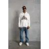 Erkek 3 İplik Pamuklu Kapüşonlu Baskılı Cepli Oversize Sweatshirt Hoodie - Beyaz