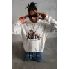 Erkek 3 İplik Pamuklu Kapüşonlu Baskılı Cepli Oversize Sweatshirt Hoodie - Beyaz