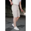Erkek Diagonel Kumaş Duble Paça Cepli Bağcıklı Bel Lastikli ŞORT - Krem