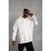 Erkek 3 İplik Pamuklu Kapüşonlu Kanguru Cepli Sweatshirt Hoodie - Beyaz