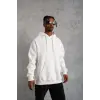 Erkek 3 İplik Pamuklu Kapüşonlu Kanguru Cepli Sweatshirt Hoodie - Beyaz