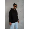 Erkek 3 İplik Pamuklu Kapüşonlu Kanguru Cepli Sweatshirt Hoodie -  Siyah