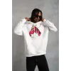 Erkek Kapüşonlu Cepli Boks Eldiven Baskılı 3 İplik Sweatshirt Hoodie - Beyaz