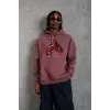 Erkek Kapüşonlu Cepli Box Eldiven Baskılı 3 İplik Sweatshirt Hoodie - Gül Kurusu