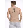 Erkek Fitilli Atlet Sıfır Yaka Slim Fit Arka Baskılı Spor Atlet - Bej