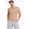 Erkek Fitilli Atlet Sıfır Yaka Slim Fit Arka Baskılı Spor Atlet - Bej