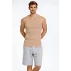 Erkek Fitilli Atlet Sıfır Yaka Slim Fit Arka Baskılı Spor Atlet - Bej