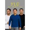 Erkek Fitilli Triko Bisiklet Yaka Kalın Kazak 3lü Set Beyaz-Saks Mavisi-Siyah