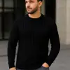 Erkek Fitilli Triko Bisiklet Yaka Kalın Kazak 3lü Set Beyaz-Saks Mavisi-Siyah