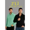 Erkek Fitilli Triko Kazak 2’li Set Mint Yeşili Siyah Kalın Dokuma Pamuklu Regular Fit V