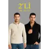 Erkek Fitilli Triko Kazak 2’li Set Siyah Bej Kalın Dokuma Pamuklu Regular Fit V Yaka