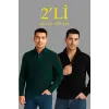 Erkek Fitilli Triko Kazak 2’li Set Siyah Haki Kalın Dokuma Pamuklu Regular Fit V Yaka