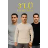 Erkek Fitilli Triko Kazak 3lü Set Bej Gri Siyah Bisiklet Yaka Regular Fit