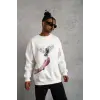 Erkek Güvercin Baskılı 3 iplik pamuklu Bisiklet Yaka Sweatshirt - Beyaz