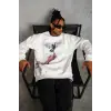 Erkek Güvercin Baskılı 3 iplik pamuklu Bisiklet Yaka Sweatshirt - Beyaz