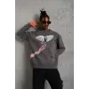 Erkek Güvercin Baskılı 3 iplik pamuklu Bisiklet Yaka Sweatshirt - Gri