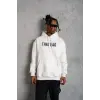Erkek 3 İplik Pamuklu Kapüşonlu Baskılı Cepli Oversize Sweatshirt Hoodie - Beyaz