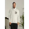 Erkek 3 İplik Pamuklu Kapüşonlu Baskılı Cepli Oversize Sweatshirt Hoodie - Beyaz