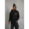 Erkek 3 İplik Pamuklu Kapüşonlu Baskılı Cepli Oversize Sweatshirt Hoodie - Siyah