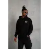 Erkek 3 İplik Pamuklu Kapüşonlu Baskılı Cepli Oversize Sweatshirt Hoodie - Siyah